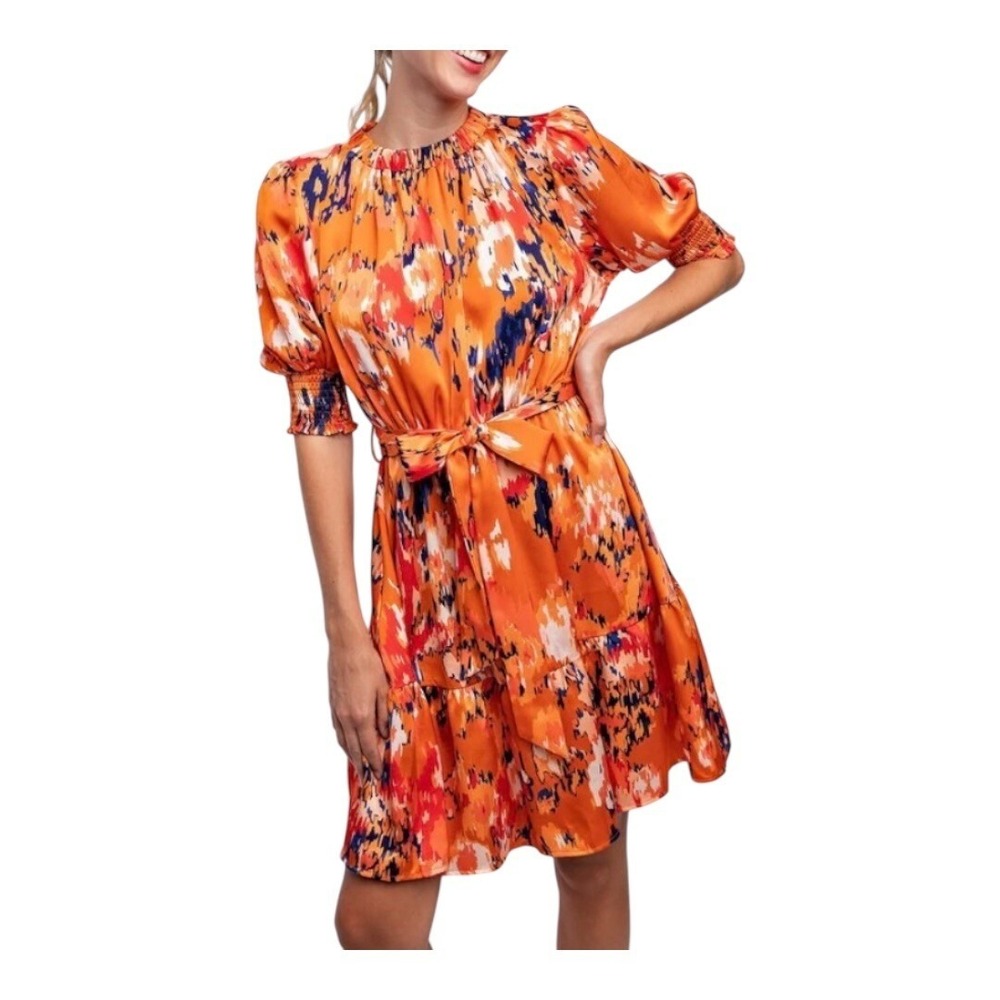 L Love Mini Dress Womens Large Orange Abstract Satin Puff Sleeve Smocked Tiered‎